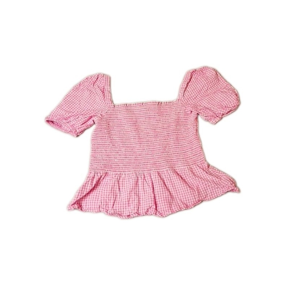 French Connection Artina Pink Gingham Smocked Milkmaid Puff Sleeve Top M